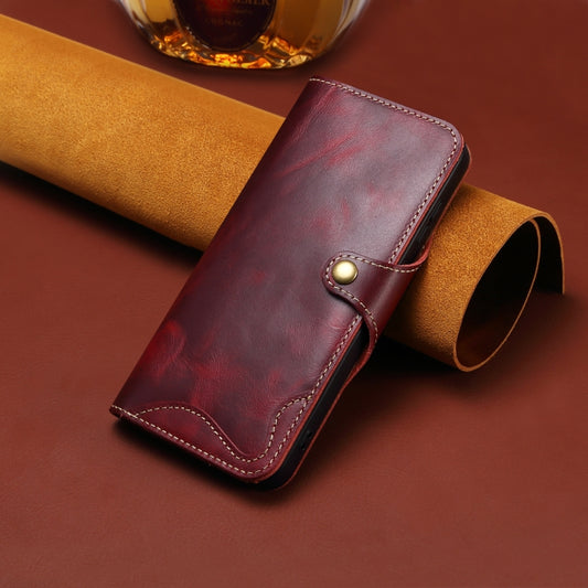 For iPhone 16 Plus Denior B01 Oil Wax Cowhide Magnetic Button Genuine Leather Case(Red) by Denior