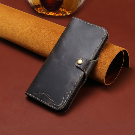 For iPhone 16 Plus Denior B01 Oil Wax Cowhide Magnetic Button Genuine Leather Case(Black) by Denior