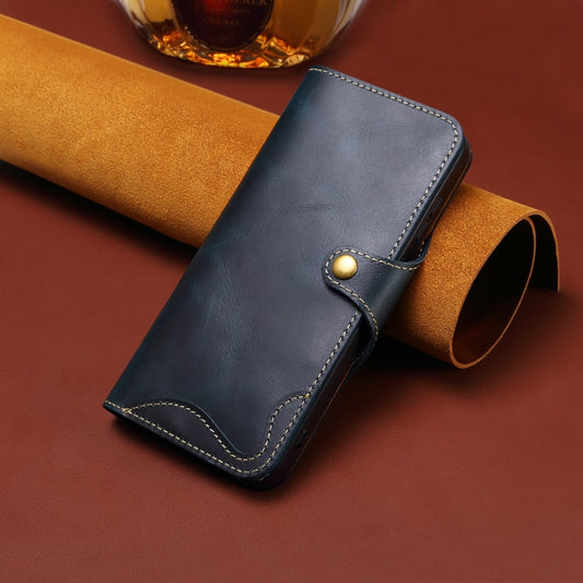 For iPhone 16 Plus Denior B01 Oil Wax Cowhide Magnetic Button Genuine Leather Case(Blue) by Denior