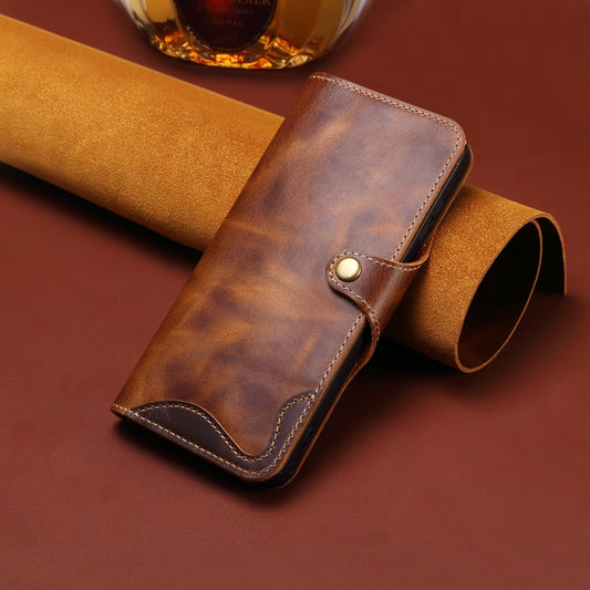 For iPhone 16 Pro Denior B01 Oil Wax Cowhide Magnetic Button Genuine Leather Case(Brown) by Denior