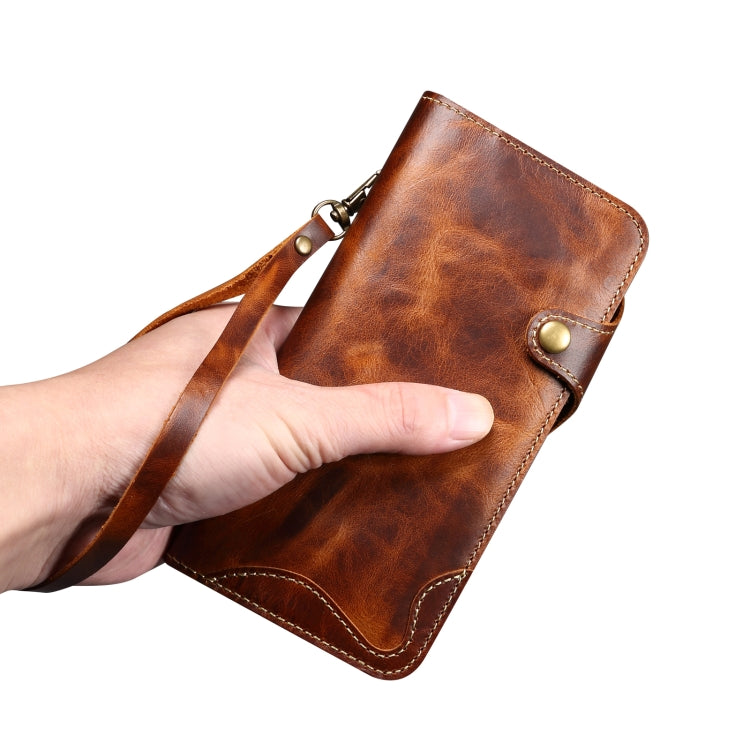 For iPhone 16 Pro Denior B01 Oil Wax Cowhide Magnetic Button Genuine Leather Case(Brown) by Denior