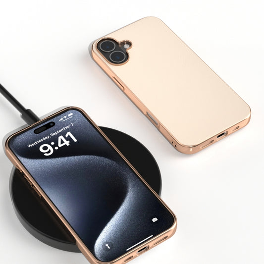For iPhone 16 Plus PU Leather Electroplating Frame Full Coverage Phone Case(Peach Pink) by buy2fix