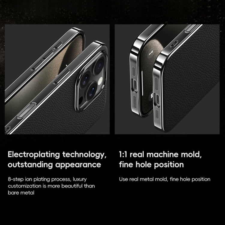 For iPhone 14 Pro First Layer Cowhide Leather Electroplated PC Phone Case(White) - iPhone 14 Pro Cases by buy2fix | Online Shopping UK | buy2fix