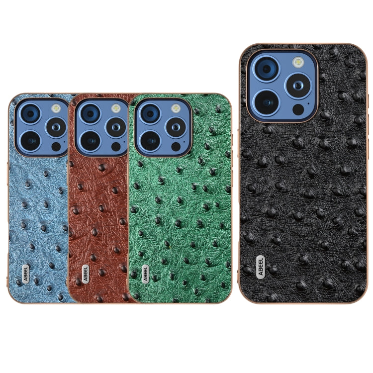 For iPhone 16 Pro Max ABEEL Electroplating Frame Genuine Leather Ostrich Texture Phone Case(Dark Blue) by buy2fix