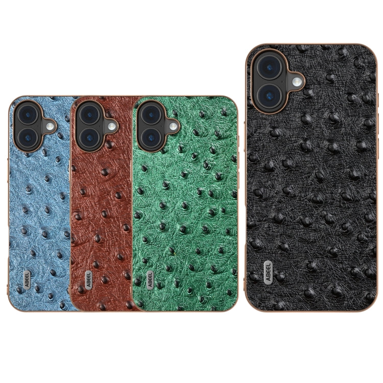 For iPhone 16 Plus ABEEL Electroplating Frame Genuine Leather Ostrich Texture Phone Case(Coffee) by buy2fix