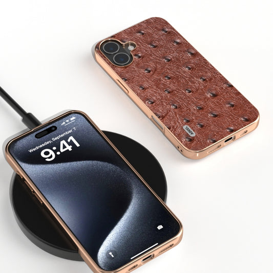 For iPhone 16 ABEEL Electroplating Frame Genuine Leather Ostrich Texture Phone Case(Coffee) by buy2fix