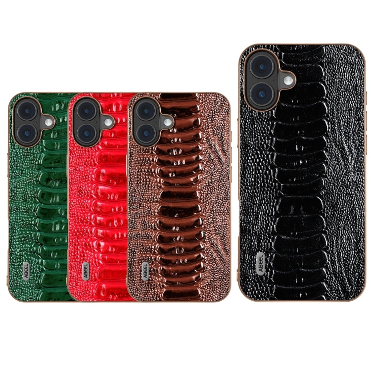 For iPhone 16 Plus ABEEL Electroplating Frame Genuine Leather Weilai Series Phone Case(Red) by buy2fix