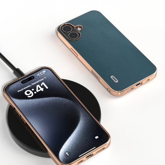 For iPhone 16 Plus ABEEL Electroplating Frame Genuine Leather Xiaoya Series Phone Case(Dark Green) by buy2fix