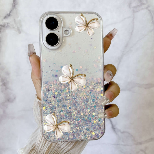 For iPhone 16 Luminous Starry Sky Glitter Butterfly TPU Phone Case(White) by buy2fix