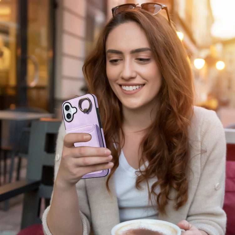 For iPhone 16 Plus Skin Feel Card Bag Phone Case with Ring Buckle(Purple) by buy2fix