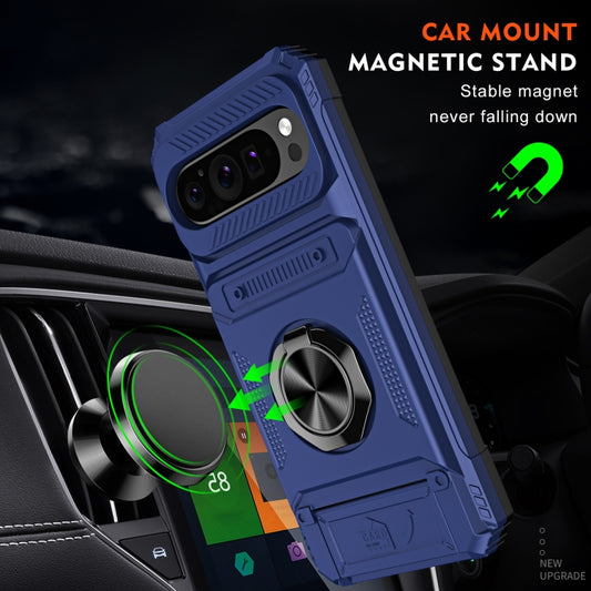 For Google Pixel 9 / 9 Pro TPU Hybrid PC Shockproof Card Phone Case with Metal Ring Holder(Blue) by buy2fix