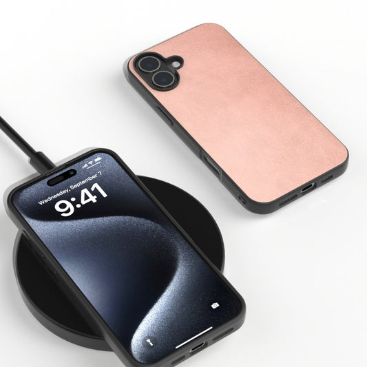 For iPhone 16 Plus Black Frame Two-color Calf Texture PU Phone Case(Pink) by buy2fix