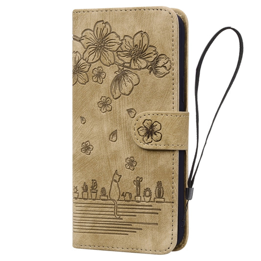 For Google Pixel 10 / 9 / 9 Pro Cartoon Sakura Cat Embossed Leather Phone Case(Brown) by buy2fix