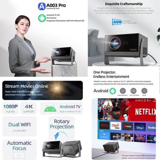 AUN A003 Pro 1920 x 1080P 350 Lumens Portable Home Theater LED HD Digital Projector, US Plug(Grey) by AUN