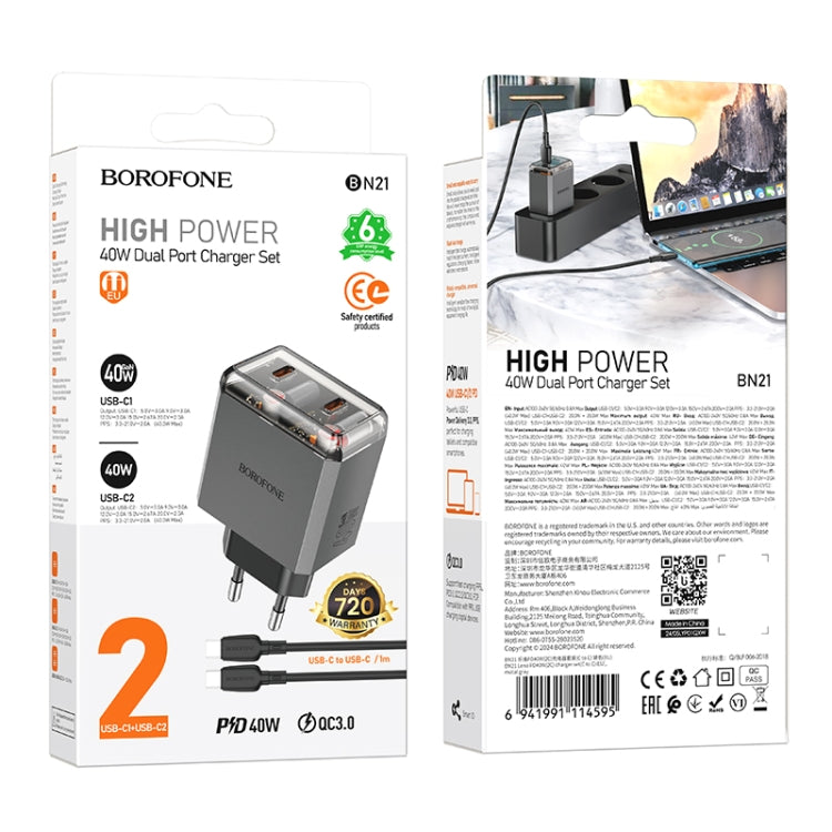 BOROFONE BN21 PD 40W 2 Type-C Charger with 1m Type-C to Type-C Cable Set, For:EU Plug(Tarnish) - USB Charger by Borofone | Online Shopping UK | buy2fix