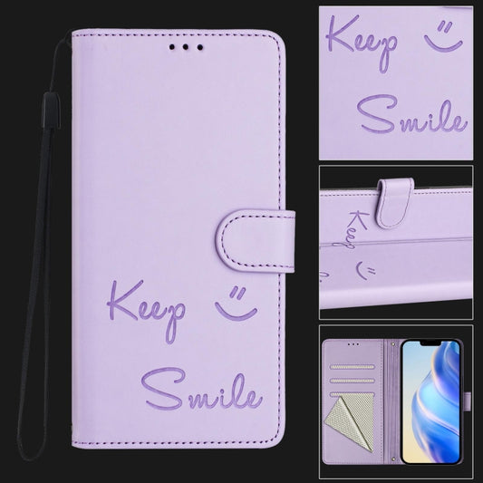 For iPhone 16 Pro Smile Embossing RFID Leather Phone Case(Light Purple) by buy2fix