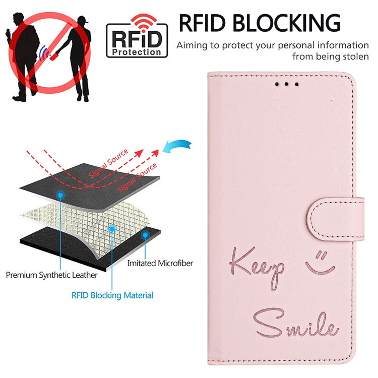 For iPhone 16 Smile Embossing RFID Leather Phone Case(Pink) by buy2fix