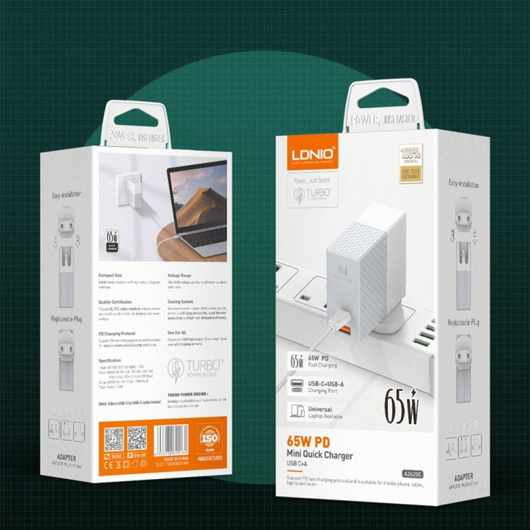 LDNIO A2620C PD3.0 65W USB Power Adapter Travel Charger with Type-C to Type-C Cable, EU Plug by LDNIO