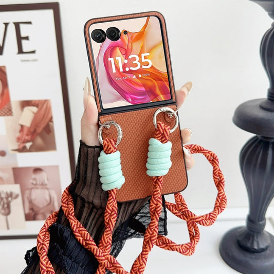 For Motorola Razr 50 Woven Texture Phone Case With Colorful Lanyard(Brown) by buy2fix