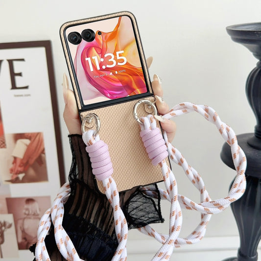 For Motorola Razr 50 Woven Texture Phone Case With Colorful Lanyard(Beige) by buy2fix