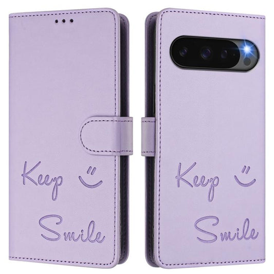 For Google Pixel 10 5G / 10 Pro 5G Global Smile Embossing RFID Leather Phone Case(Light Purple) - Google Cases by buy2fix | Online Shopping UK | buy2fix