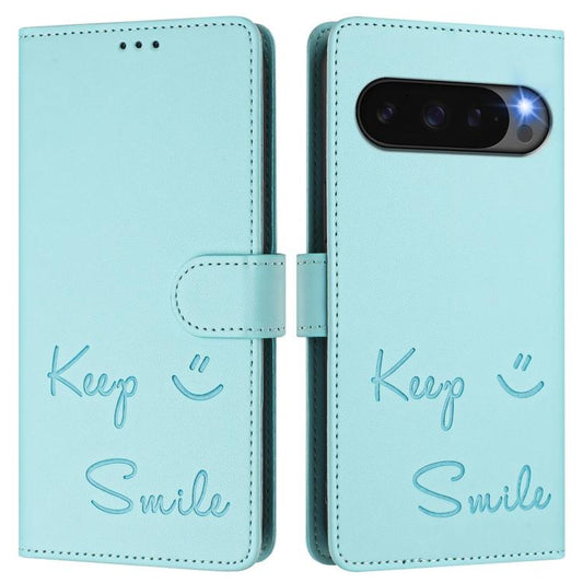 For Google Pixel 10 Pro XL 5G Global Smile Embossing RFID Leather Phone Case(Mint Green) - Google Cases by buy2fix | Online Shopping UK | buy2fix