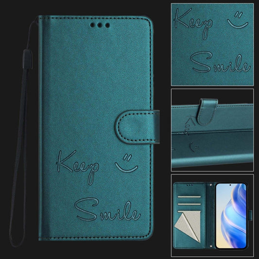 For OnePlus 12 5G Global Smile Embossing RFID Leather Phone Case(Peacock Green) by buy2fix