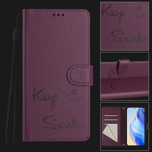 For OnePlus 12 5G Global Smile Embossing RFID Leather Phone Case(Violet) by buy2fix