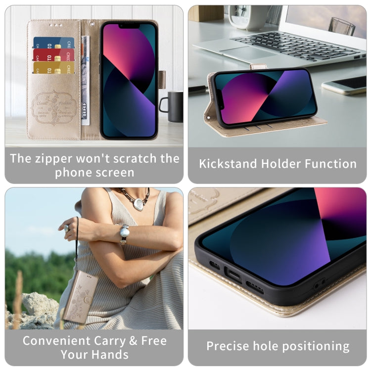 For iPhone 16 Embossed Butterfly Flowers Leather Phone Case(Gold) by buy2fix