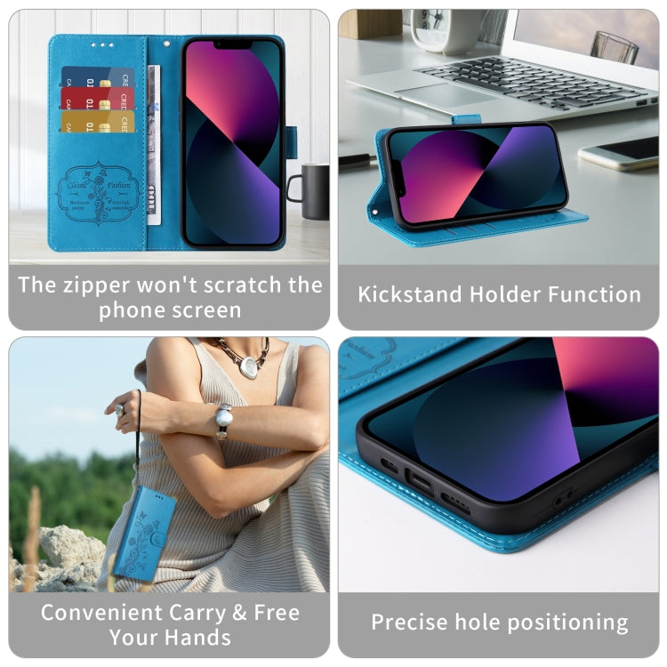 For iPhone 16 Embossed Butterfly Flowers Leather Phone Case(Blue) by buy2fix