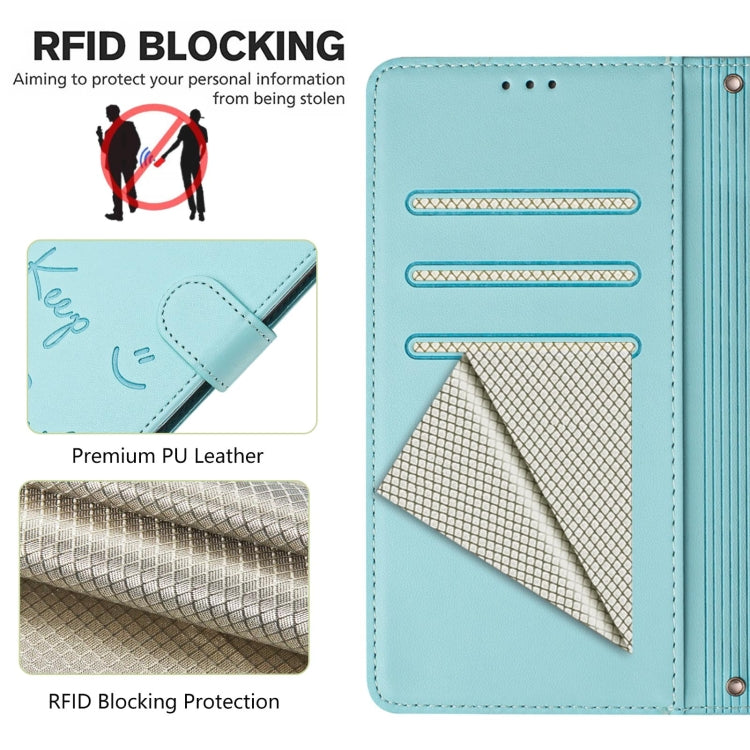 For Motorola Moto G Power 5G 2024 Smile Embossing RFID Leather Phone Case(Mint Green) by buy2fix