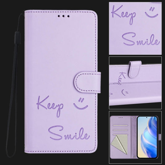 For Motorola Moto G Power 5G 2024 Smile Embossing RFID Leather Phone Case(Light Purple) by buy2fix