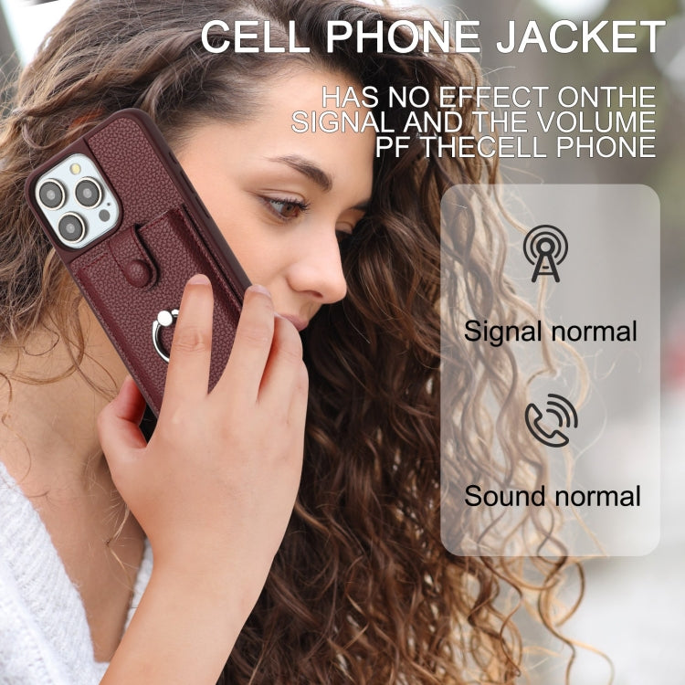 For iPhone 16 Pro Litchi Texture Drawing Card Bag Ring Holder Phone Case(Wine Red) by buy2fix