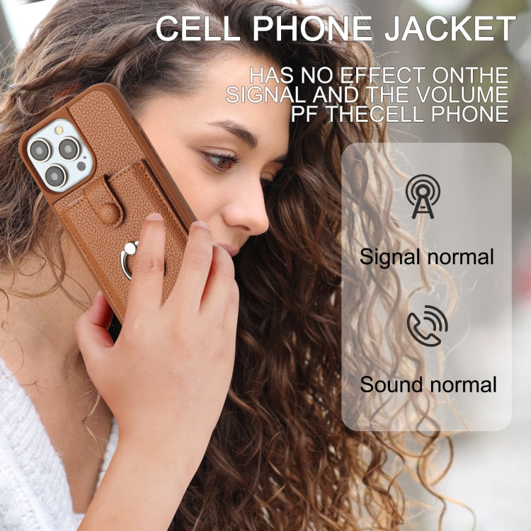 For iPhone 16 Litchi Texture Drawing Card Bag Ring Holder Phone Case(Brown) by buy2fix