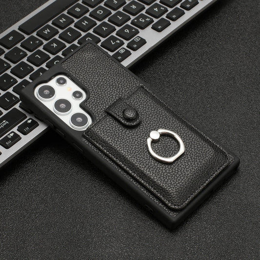 For Samsung Galaxy S25 Ultra 5G Litchi Texture Drawing Card Bag Ring Holder Phone Case(Black) by buy2fix
