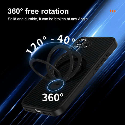 For iPhone 15 Carbon Fiber MagSafe 360 Degree Rotating Holder Phone Case(Black) by buy2fix