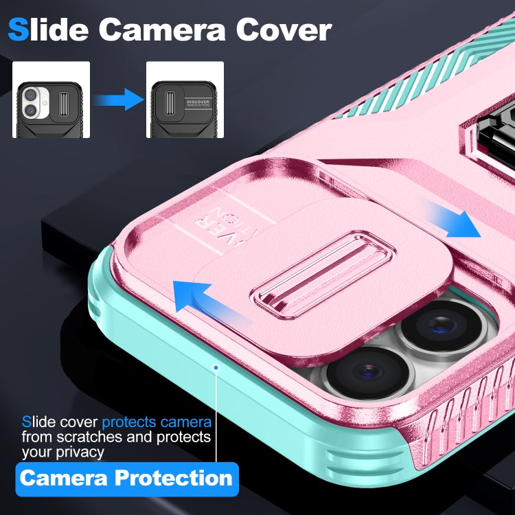 For iPhone 16 Sliding Camshield Holder Phone Case(Pink + Grey Green) by buy2fix