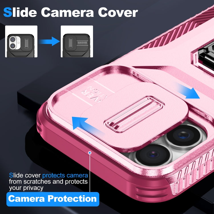 For iPhone 16 Sliding Camshield Holder Phone Case(Pink + Rose Red) by buy2fix