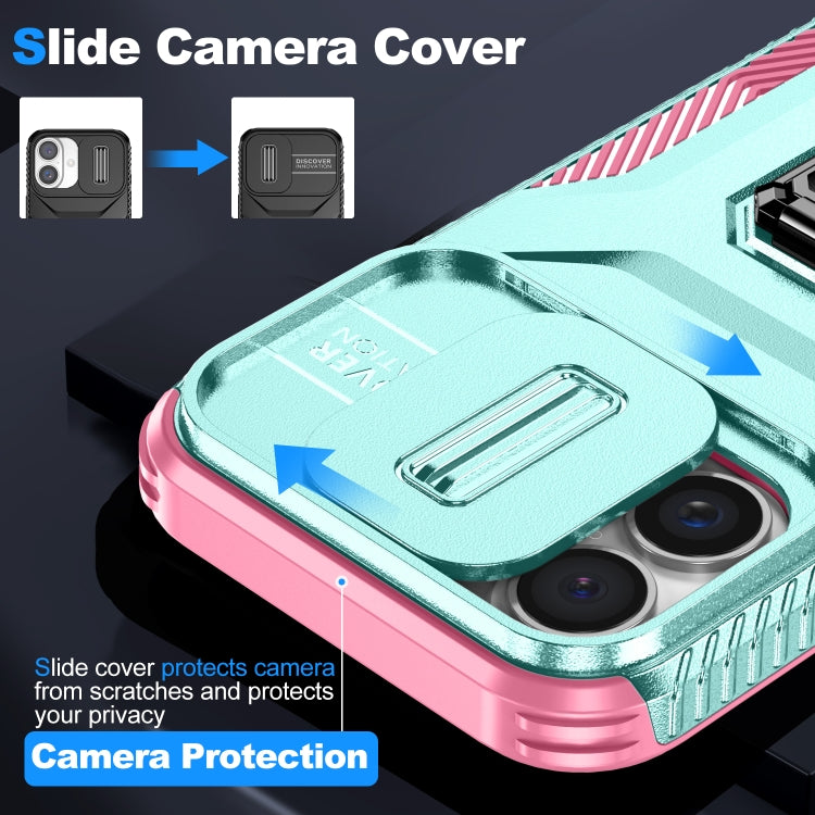 For iPhone 16 Sliding Camshield Holder Phone Case(Grey Green + Pink) by buy2fix