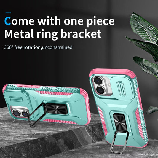 For iPhone 16 Plus Sliding Camshield Holder Phone Case(Grey Green + Pink) by buy2fix
