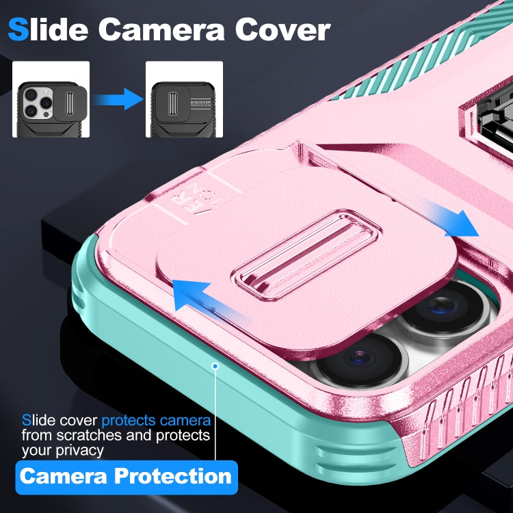 For iPhone 16 Pro Sliding Camshield Holder Phone Case(Pink + Grey Green) by buy2fix