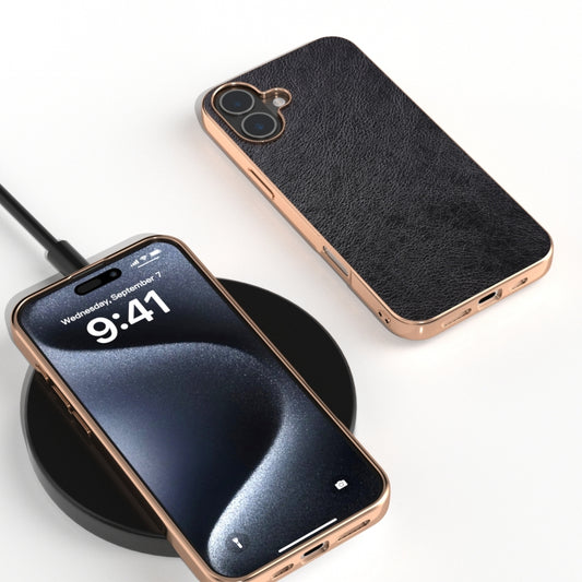 For iPhone 16 Plus Nano Electroplating Dual Color Lichi Texture PU Phone Case(Black) by buy2fix