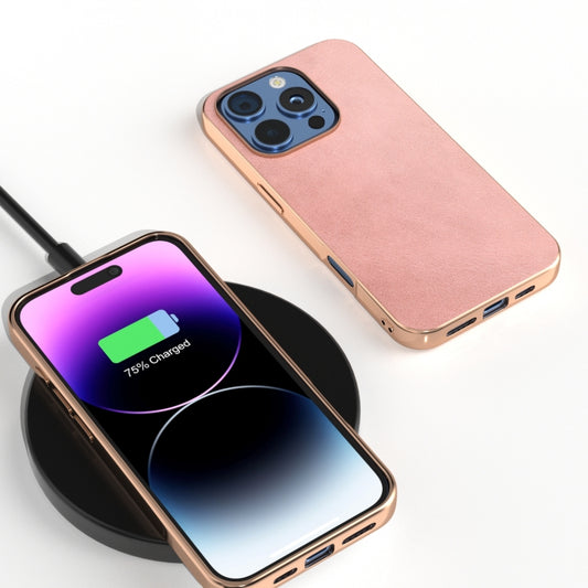 For iPhone 16 Pro Nano Electroplating Dual Color Cowhide Texture Protective Phone Case(Rose Gold) by buy2fix