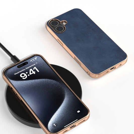 For iPhone 16 Plus Nano Electroplating Dual Color Cowhide Texture Protective Phone Case(Blue) by buy2fix
