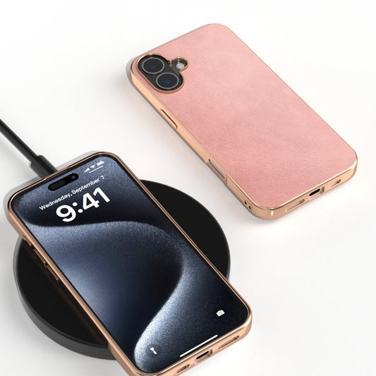 For iPhone 16 Plus Nano Electroplating Dual Color Cowhide Texture Protective Phone Case(Rose Gold) by buy2fix