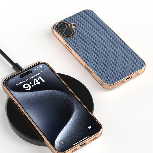 For iPhone 16 Plus Nano Electroplating Carbon Fiber Texture Phone Case(Sky Blue) by buy2fix