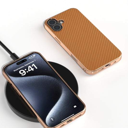 For iPhone 16 Plus Nano Electroplating Carbon Fiber Texture Phone Case(Brown) by buy2fix
