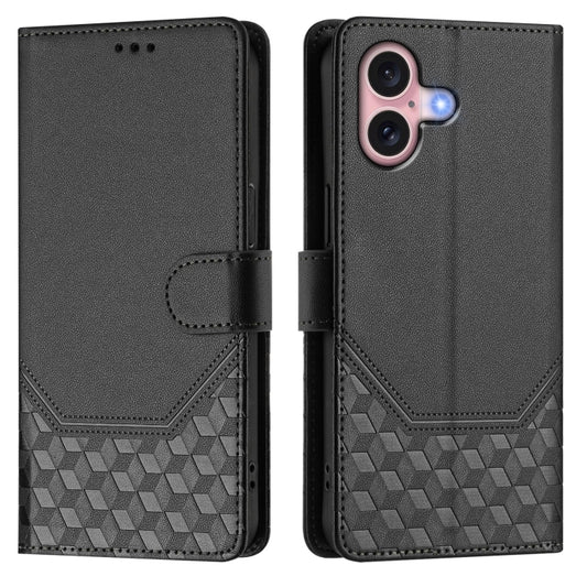 For iPhone 16 Honeycomb Embossing RFID Leather Phone Case(Black) by buy2fix