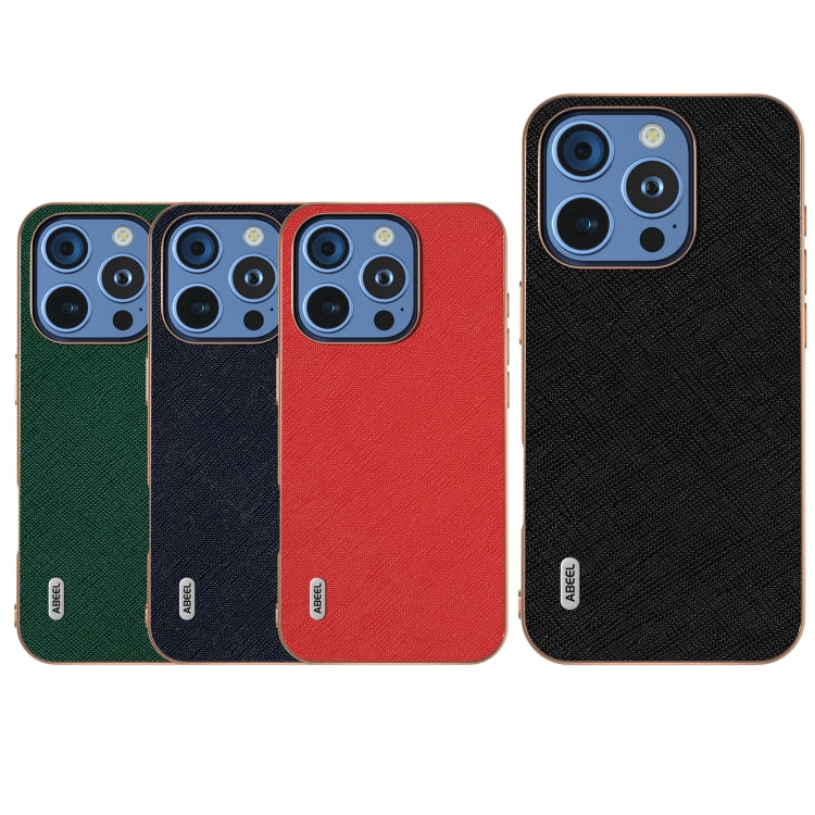 For iPhone 16 Pro ABEEL Electroplating Frame Cross Texture Genuine Leather Phone Case(Black) by buy2fix