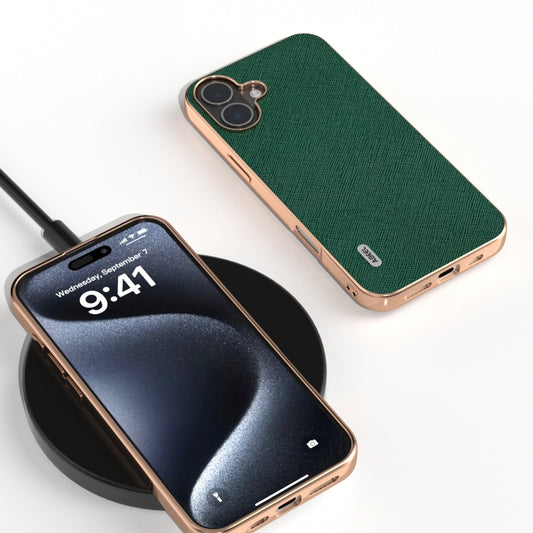 For iPhone 16 Plus ABEEL Electroplating Frame Cross Texture Genuine Leather Phone Case(Green) by buy2fix